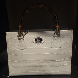 Dooney & Bourke Cream Croc-Embossed Satchel with Bamboo Handles